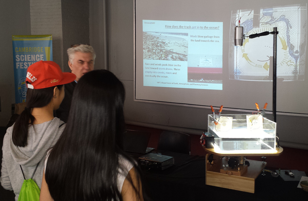 EAPS professor John Marshall demonstrates how trash in the Pacific Ocean becomes caught in a gyre. (Credit: Lauren Hinkel)